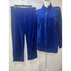 Quacker Factory Velour Jacket & Pants  Rhinestones ‎ Zip Up  Size L Cottagecore